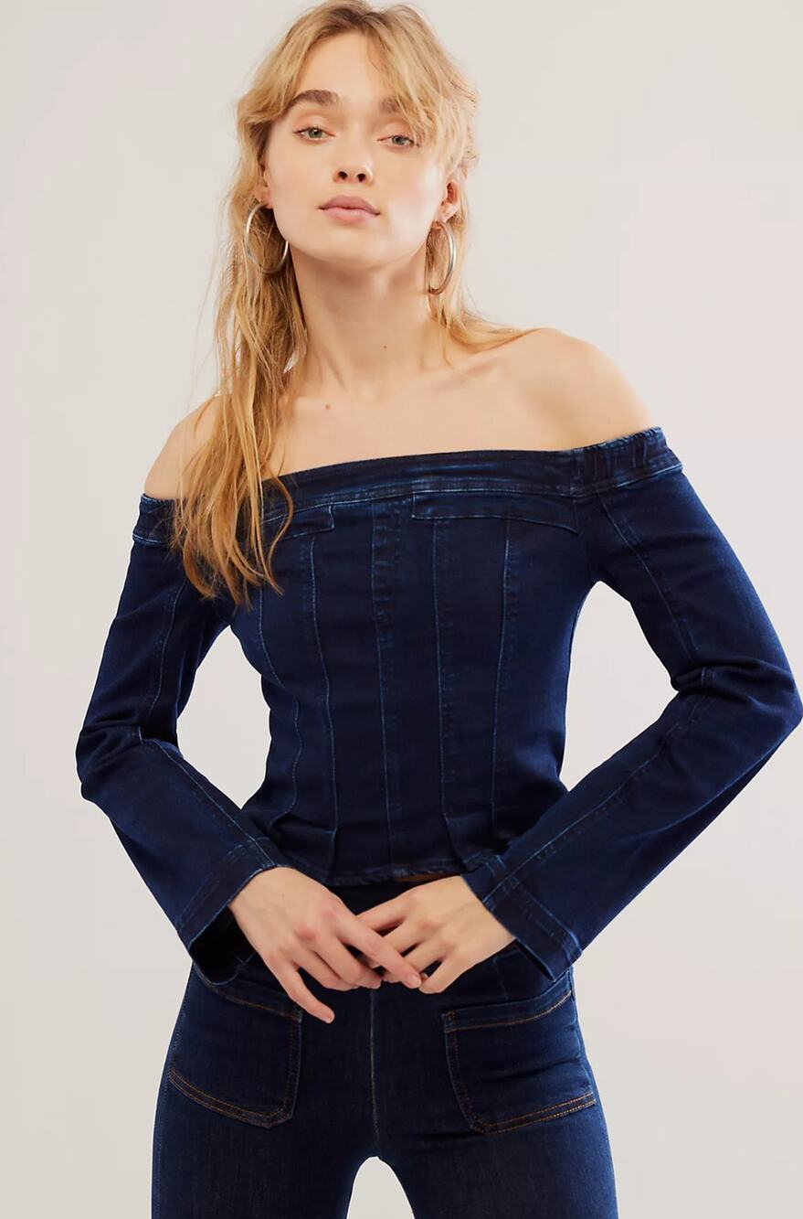 NWT Free People Up and Go Blue Denim Off Shoulder Top - Size Medium